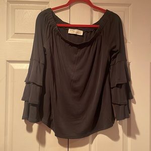 Off the Shoulder Charcoal Ruffle-Sleeve Top